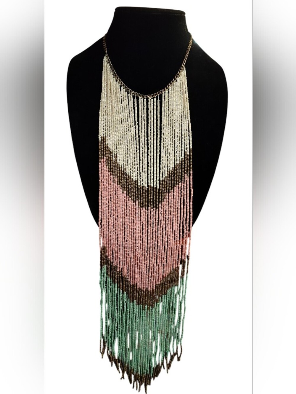 Bohemian Beaded Fringe Necklace - Pink, Green & Cream